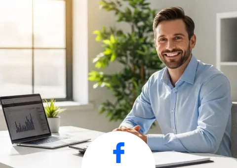 Accountant Eugene De Kock smiling warmly at the camera while sitting at his modern office desk with a laptop displaying financial charts.