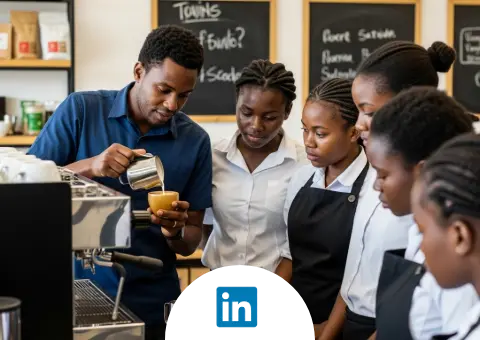 Skills development trainer Bongani Ndlovu demonstrating how to pour latte art to a group of attentive young female students during a professional barista training session.