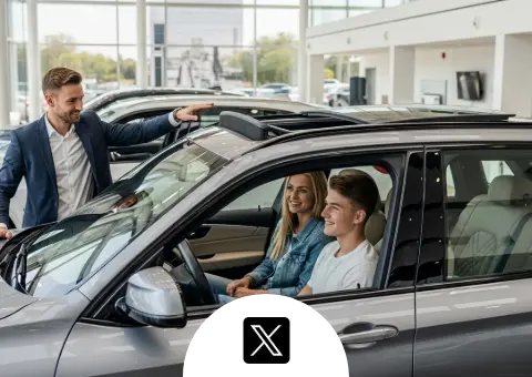 Car salesman Michael Shaw presenting a new silver SUV to a smiling mother and her teenage son who are sitting inside the vehicle in a modern car dealership showroom.