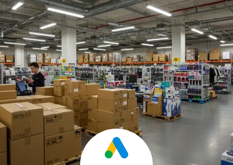 A male employee in a large retail warehouse scans inventory with a handheld device, with shelves of products in the background and a Google Ads logo in the foreground.